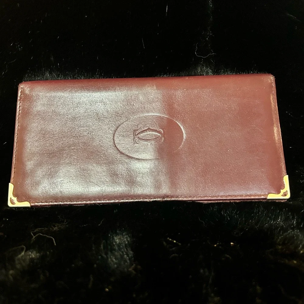 Cartier Embossed Leather Long Wallet with Gold Corner Accents - Burgundy